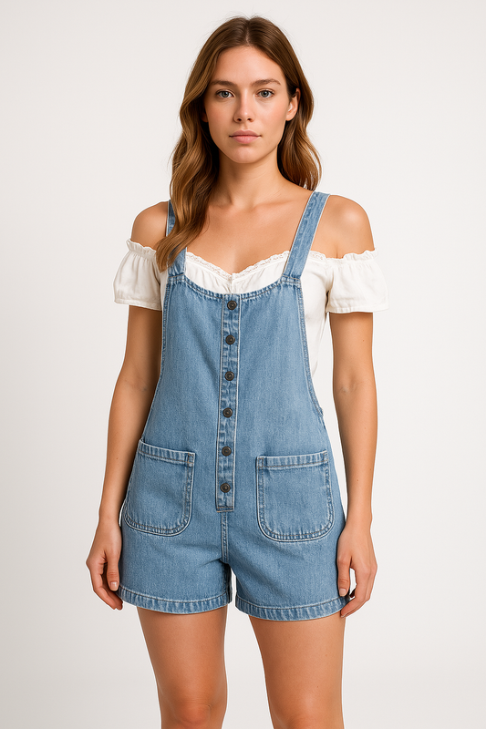 Dam Dungareeshorts – Denim – Lös Passform – Justerbara Axelband – Knappframsida