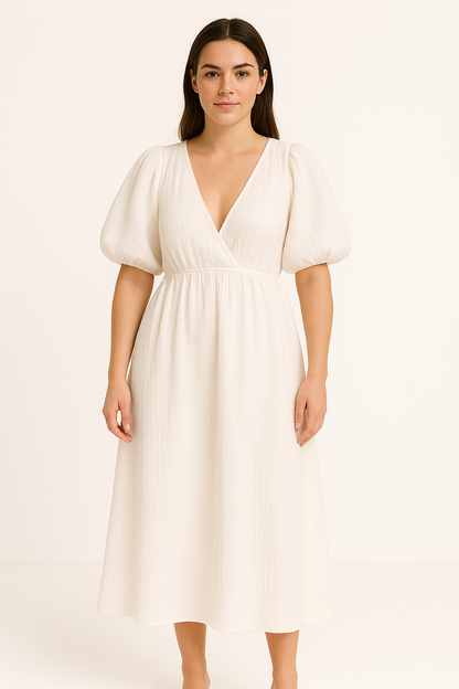 Damklänning – V-ringning – Puffärm – Textur – Avslappnad Passform – Midilängd