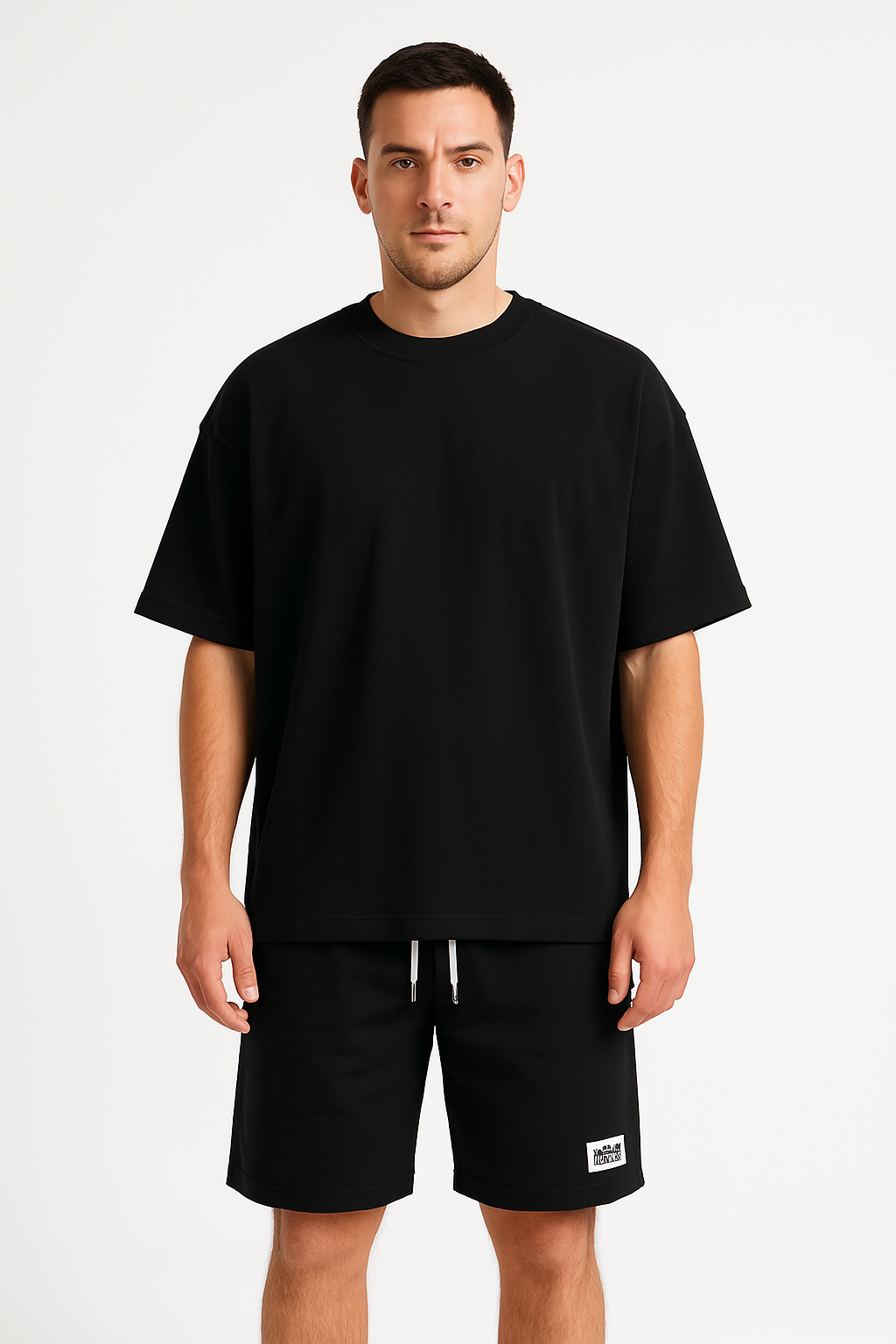Herr Träningsset – Bomull – Avslappnad Passform – T-shirt & Shorts med Dragsko