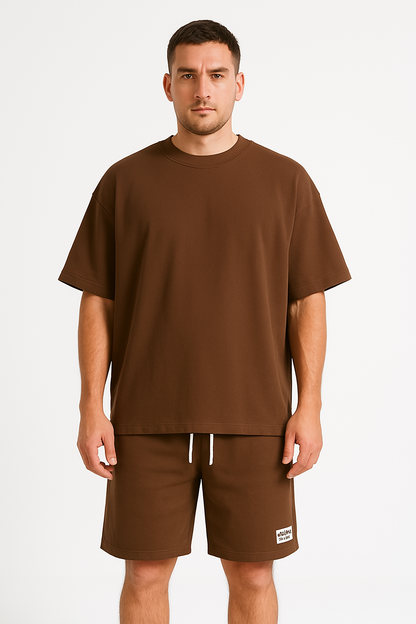 Herr Träningsset – Bomull – Avslappnad Passform – T-shirt & Shorts med Dragsko