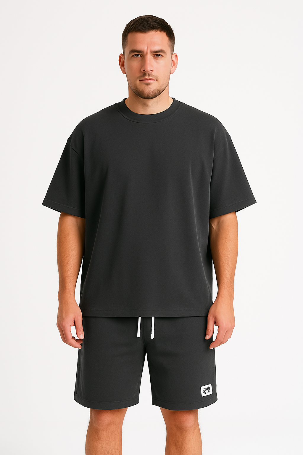 Herr Träningsset – Bomull – Avslappnad Passform – T-shirt & Shorts med Dragsko