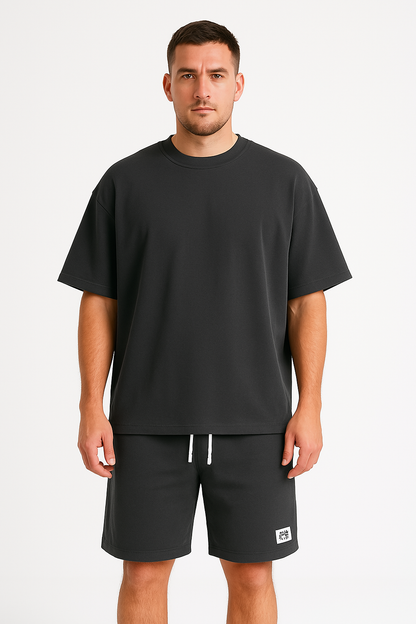 Herr Träningsset – Bomull – Avslappnad Passform – T-shirt & Shorts med Dragsko