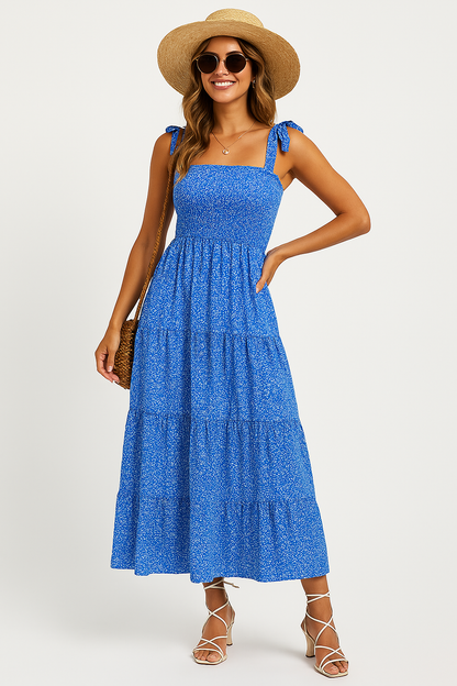 Damklänning maxi – Figurnära liv – Knytband – Volangkjol – Lätt bomull