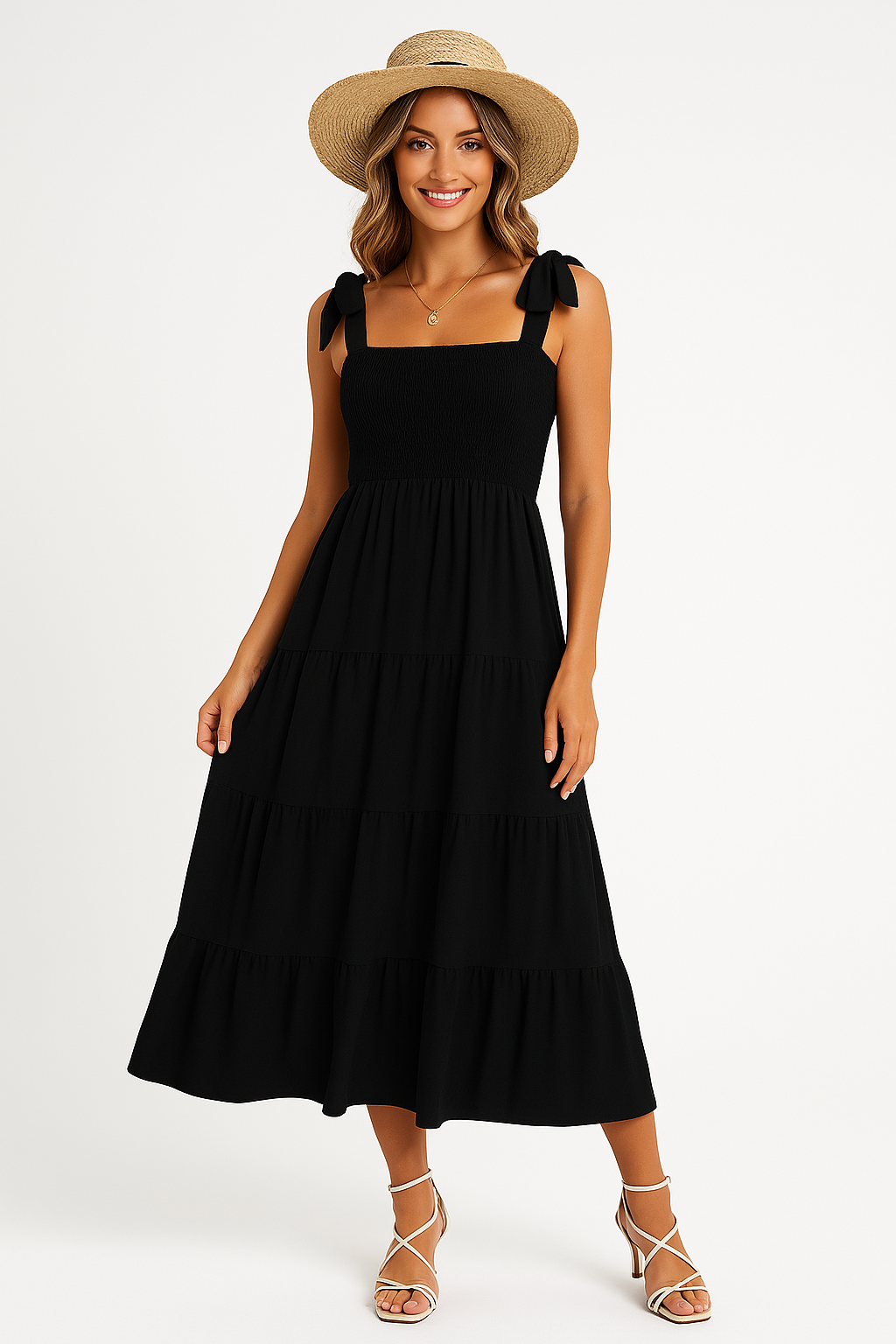 Damklänning maxi – Figurnära liv – Knytband – Volangkjol – Lätt bomull