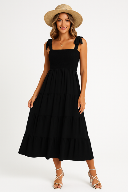 Damklänning maxi – Figurnära liv – Knytband – Volangkjol – Lätt bomull