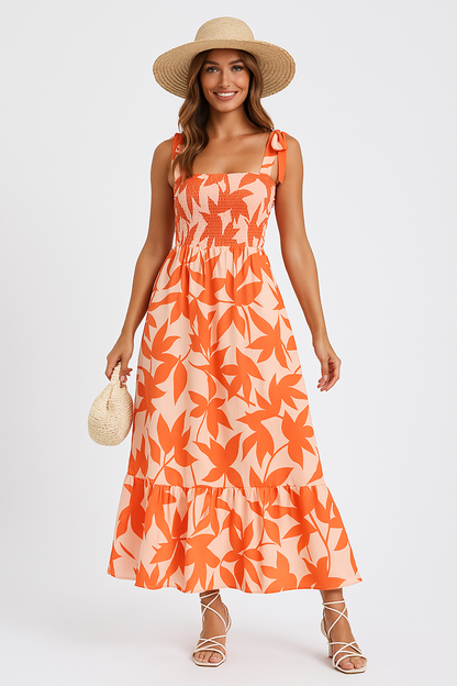 Damklänning maxi – Figurnära liv – Knytband – Volangkjol – Lätt bomull