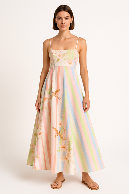 Damklänning maxi – Lätt bomull – Lös passform – Spagettiband – Tryck med ränder