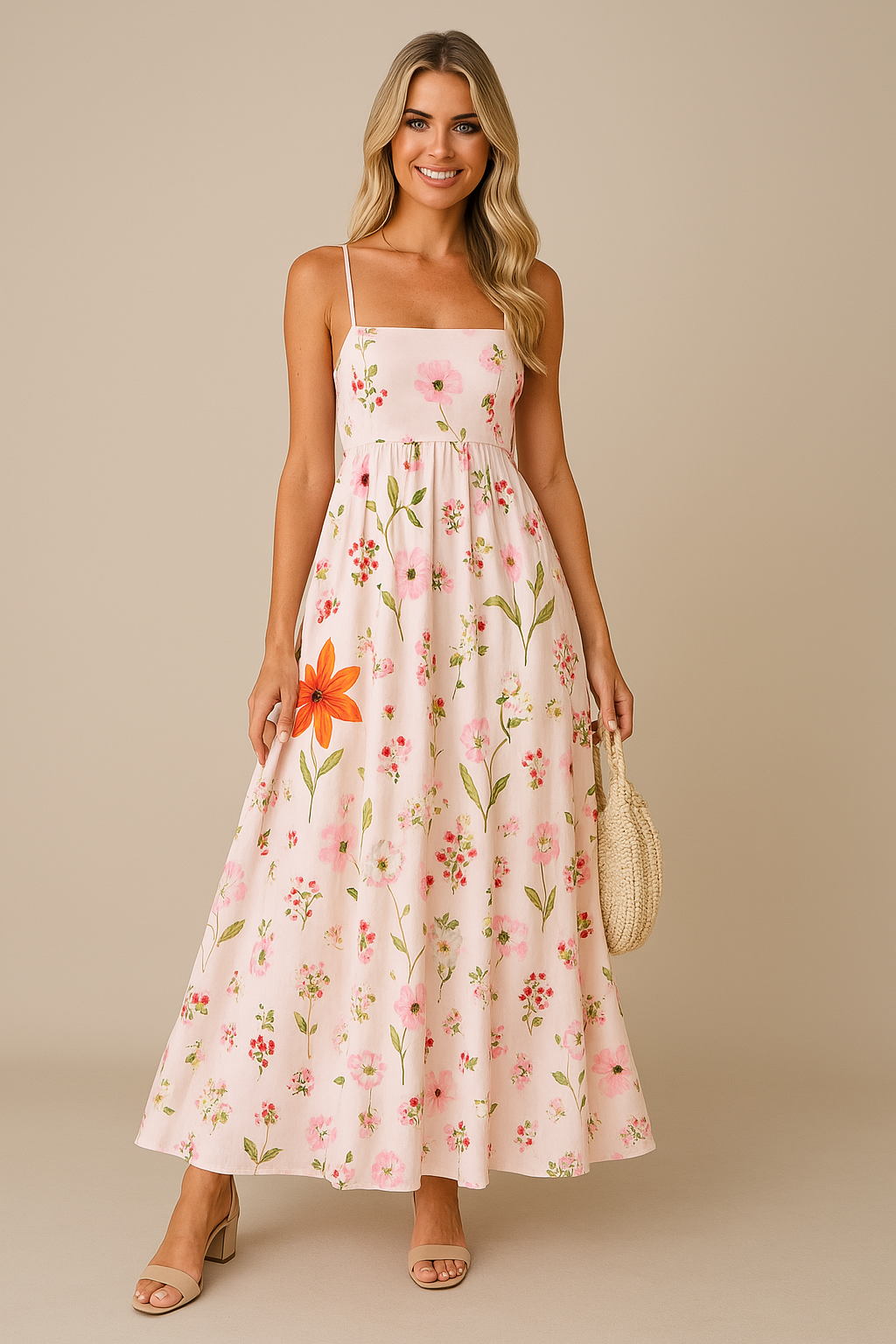 Damklänning – Maxilängd – A-linjeformad – Spagettiband – Rygglös med Blommönster