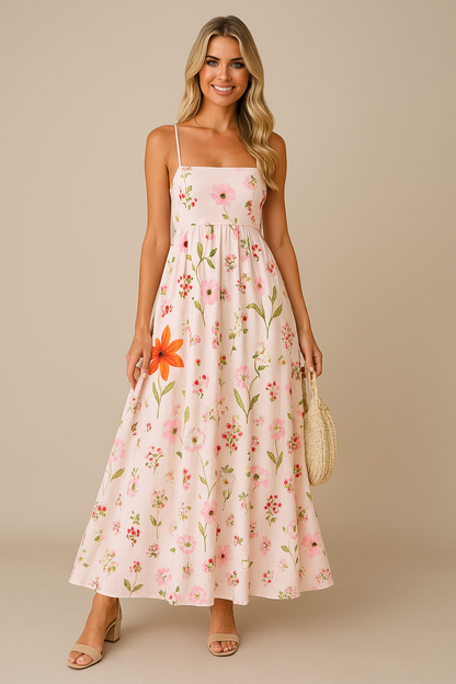 Damklänning – Maxilängd – A-linjeformad – Spagettiband – Rygglös med Blommönster