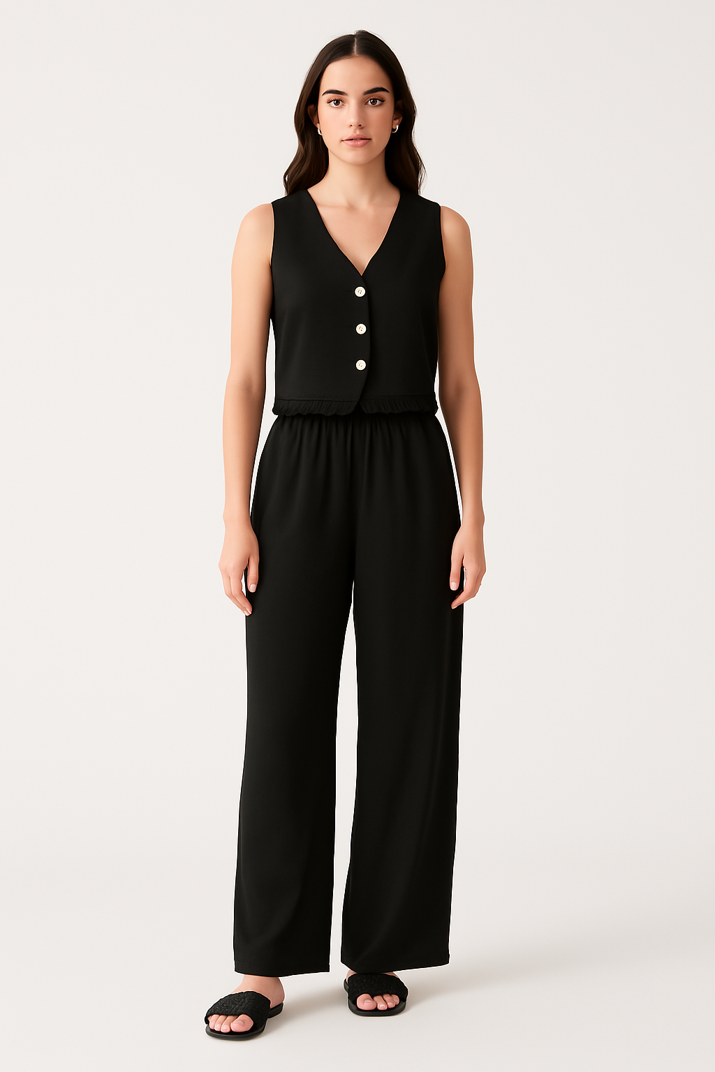 Damset med väst och vida byxor – Skräddad passform – Spetsdetalj – Andningsbart tyg