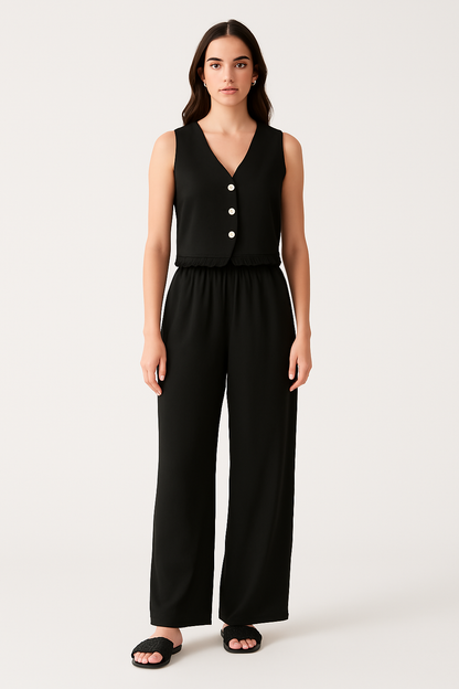 Damset med väst och vida byxor – Skräddad passform – Spetsdetalj – Andningsbart tyg