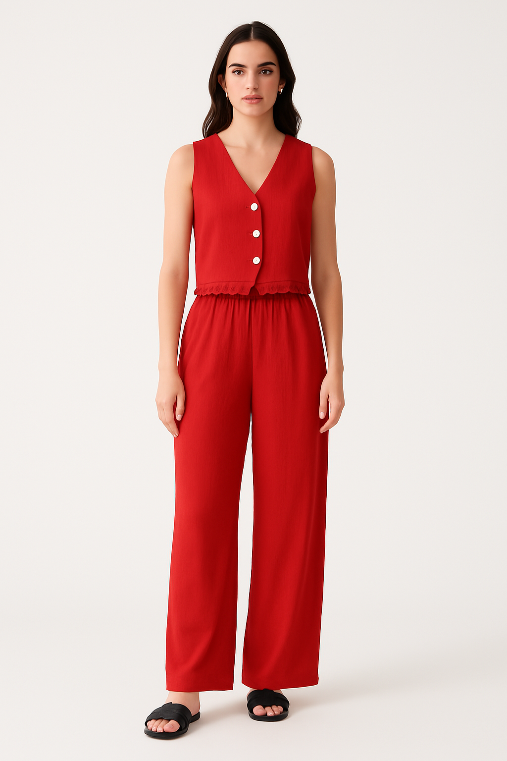 Damset med väst och vida byxor – Skräddad passform – Spetsdetalj – Andningsbart tyg