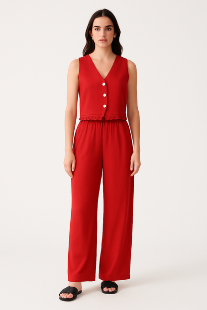 Damset med väst och vida byxor – Skräddad passform – Spetsdetalj – Andningsbart tyg