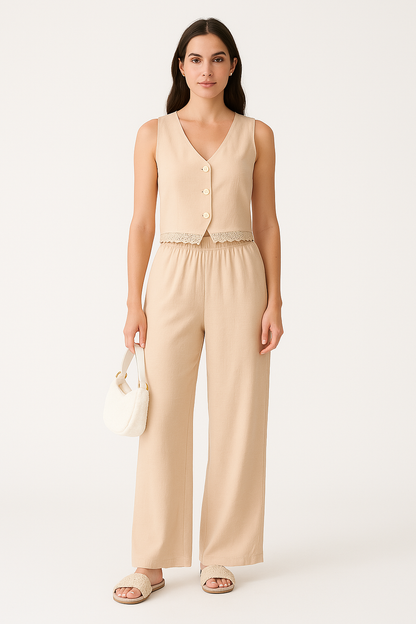 Damset med väst och vida byxor – Skräddad passform – Spetsdetalj – Andningsbart tyg