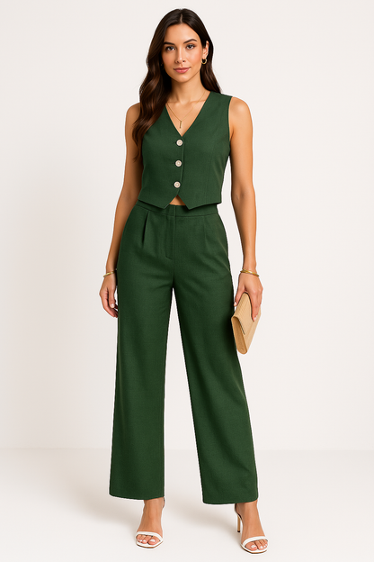 Damväst – Slim Fit – Skräddad Cropped Siluett – Djup V-ringning – Knappar Fram