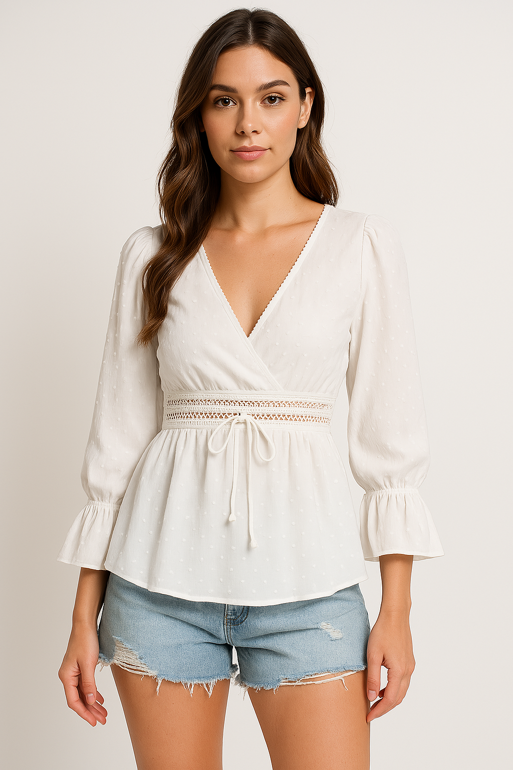 Damtop med V-ringning – Lång puffärm – Knytmidja – Spetsdetalj – Lös passform