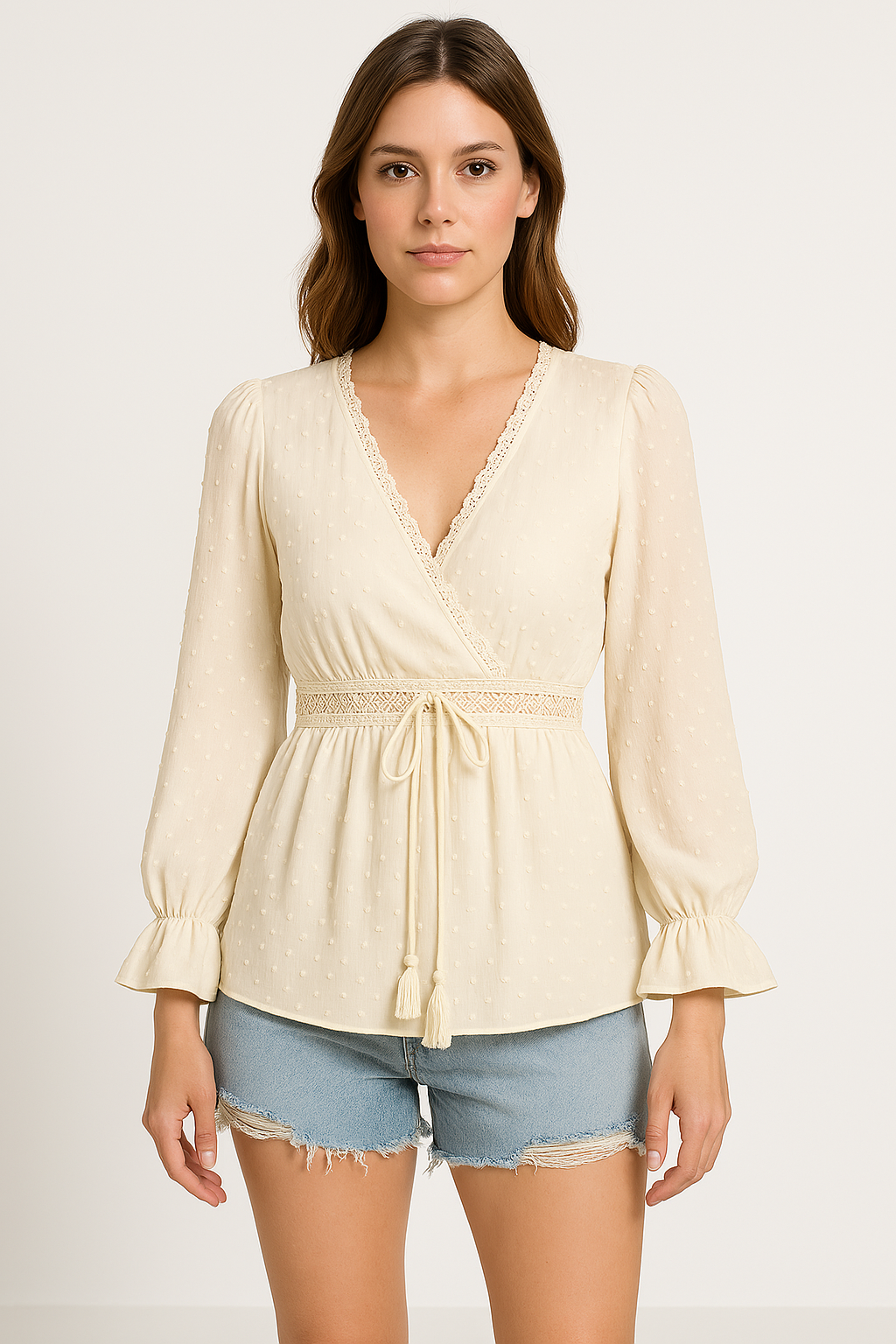 Damtop med V-ringning – Lång puffärm – Knytmidja – Spetsdetalj – Lös passform