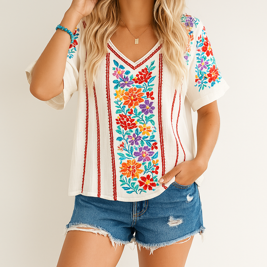 Dam T-shirt V-ringad – Avslappnad Passform – Broderade Blommor – Bomullsblandning