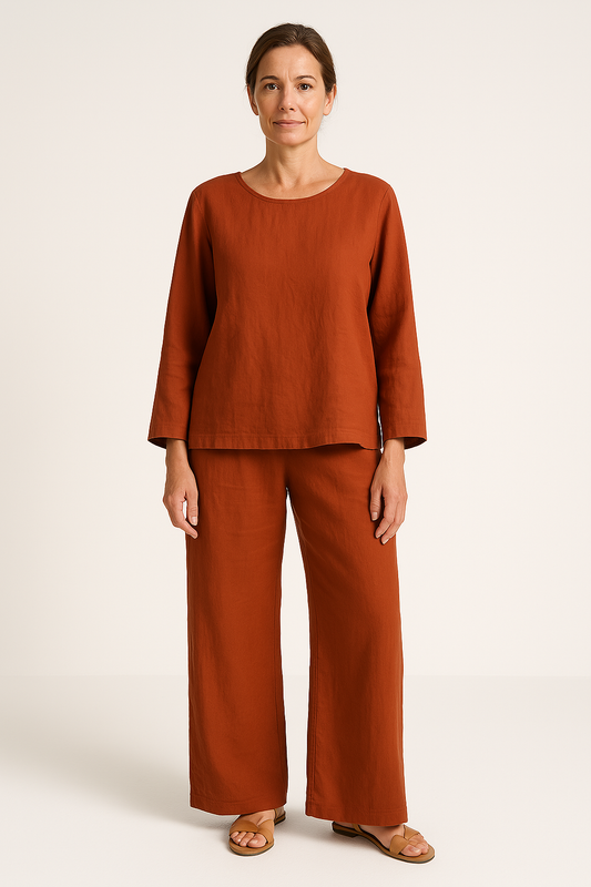 Damset – Linne – Avslappnad Passform – Långärmad Topp – Vida Byxor