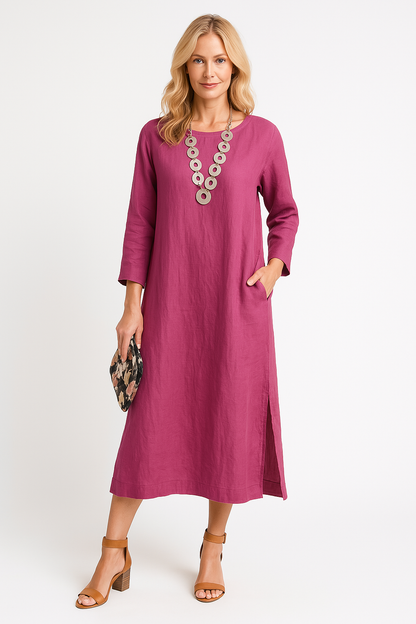 Damklänning Skjortmodell – Avslappnad Passform – Lång Ärm – Lätt Vävd – Midilängd – Sidslitsar