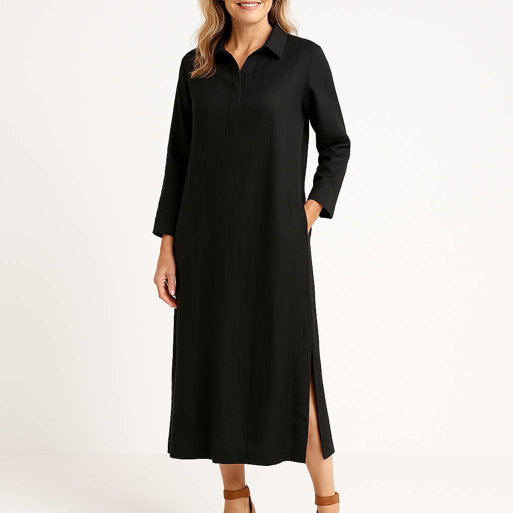 Damklänning Skjortmodell – Avslappnad Passform – Lång Ärm – Lätt Vävd – Midilängd – Sidslitsar