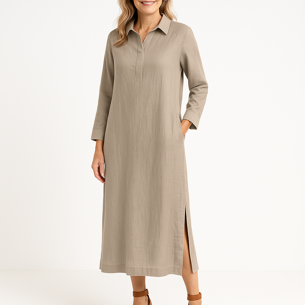 Damklänning Skjortmodell – Avslappnad Passform – Lång Ärm – Lätt Vävd – Midilängd – Sidslitsar