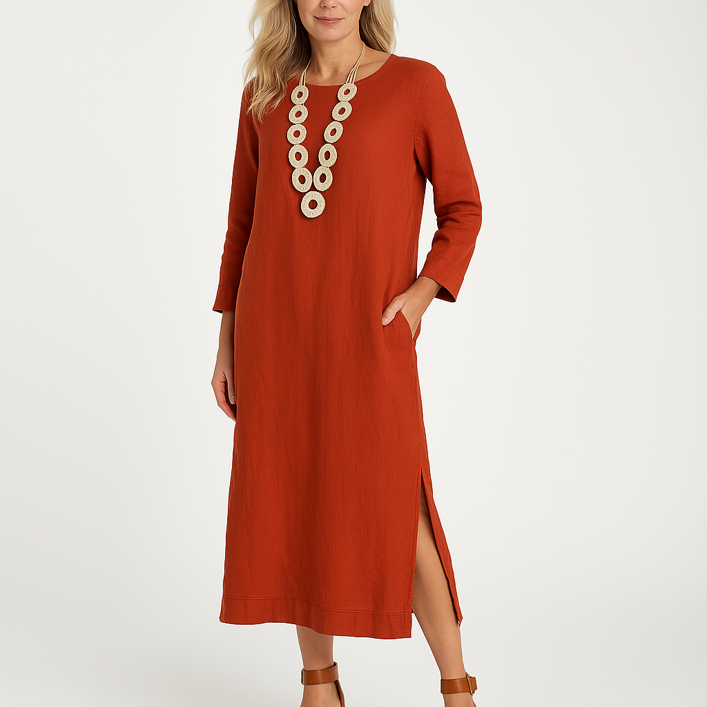 Damklänning Skjortmodell – Avslappnad Passform – Lång Ärm – Lätt Vävd – Midilängd – Sidslitsar