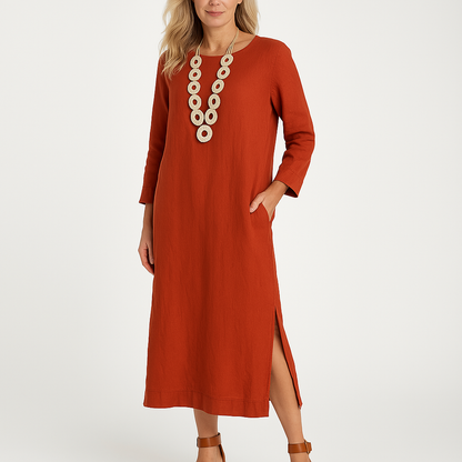 Damklänning Skjortmodell – Avslappnad Passform – Lång Ärm – Lätt Vävd – Midilängd – Sidslitsar