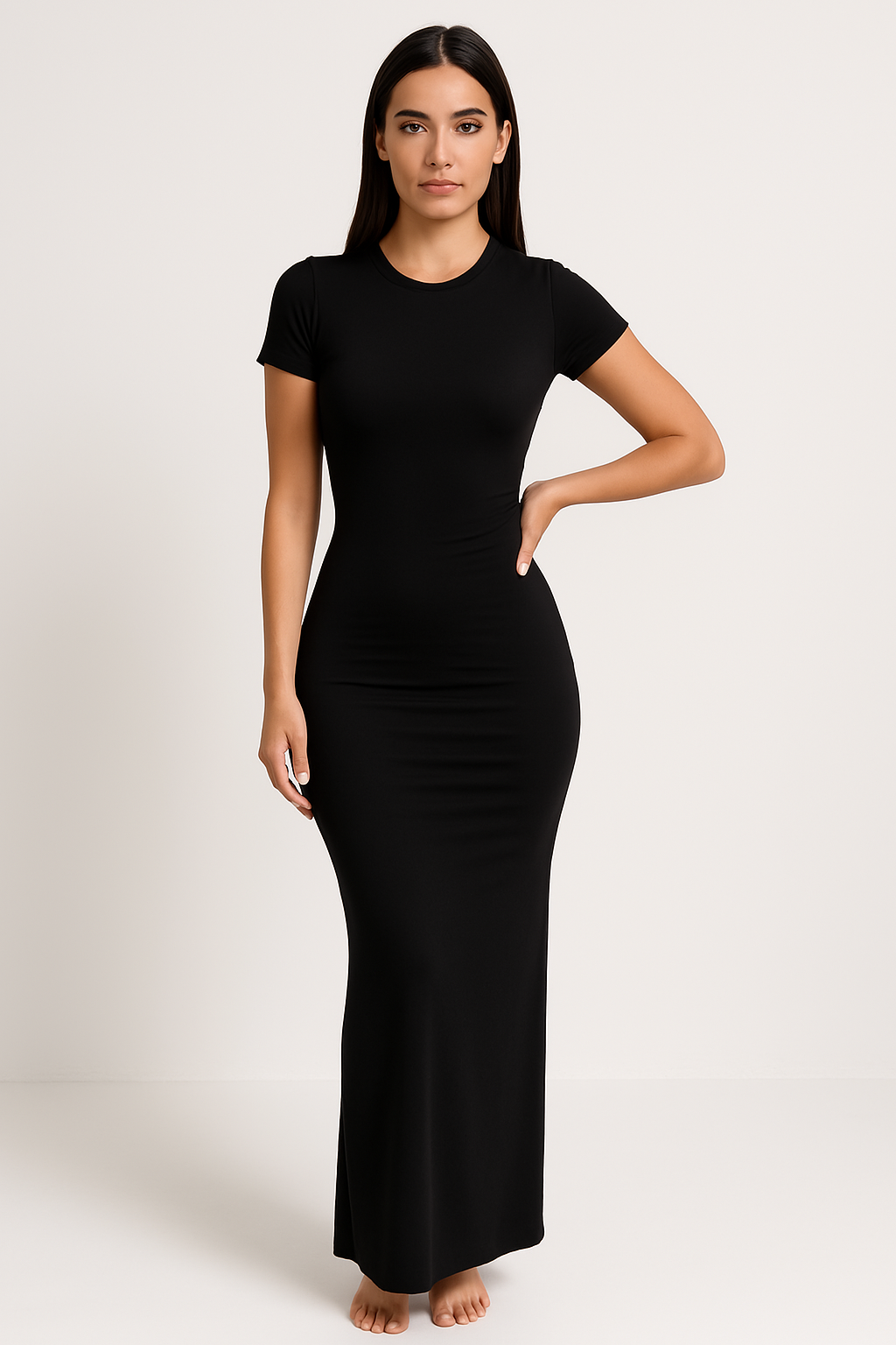 Damklänning – Slim Fit – Stretchtyg – Kort ärm – Rund hals – Ankellång