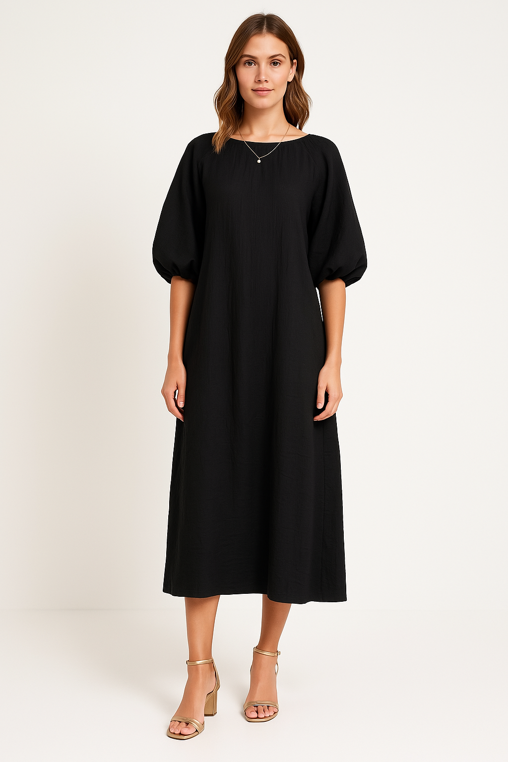 Damklänning – Lös Passform – Puffärm – Rund Hals – Lätt och Bekväm Vardagsstil