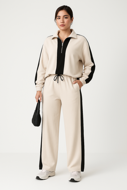 Damset i två delar – Avslappnad passform – Dragkedjekrage – Vida ben – Andningsbart tyg