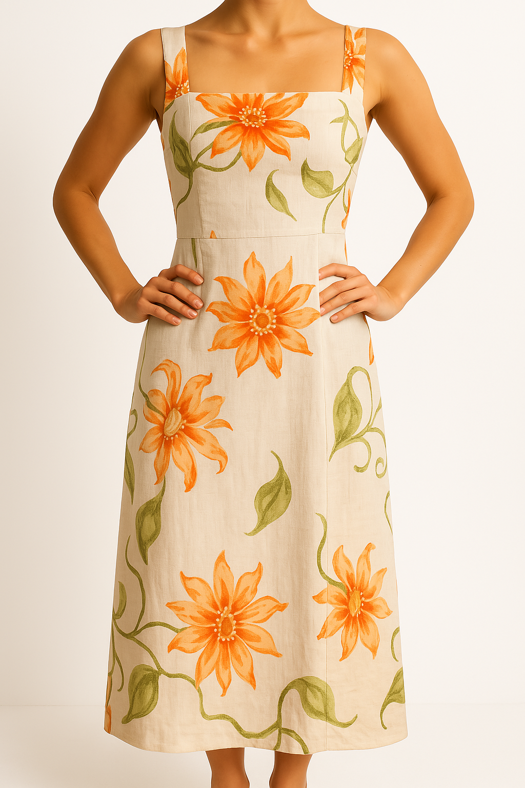 Damklänning lång – Blommig bomull – Figursydd – Fyrkantig ringning – Öppen rygg