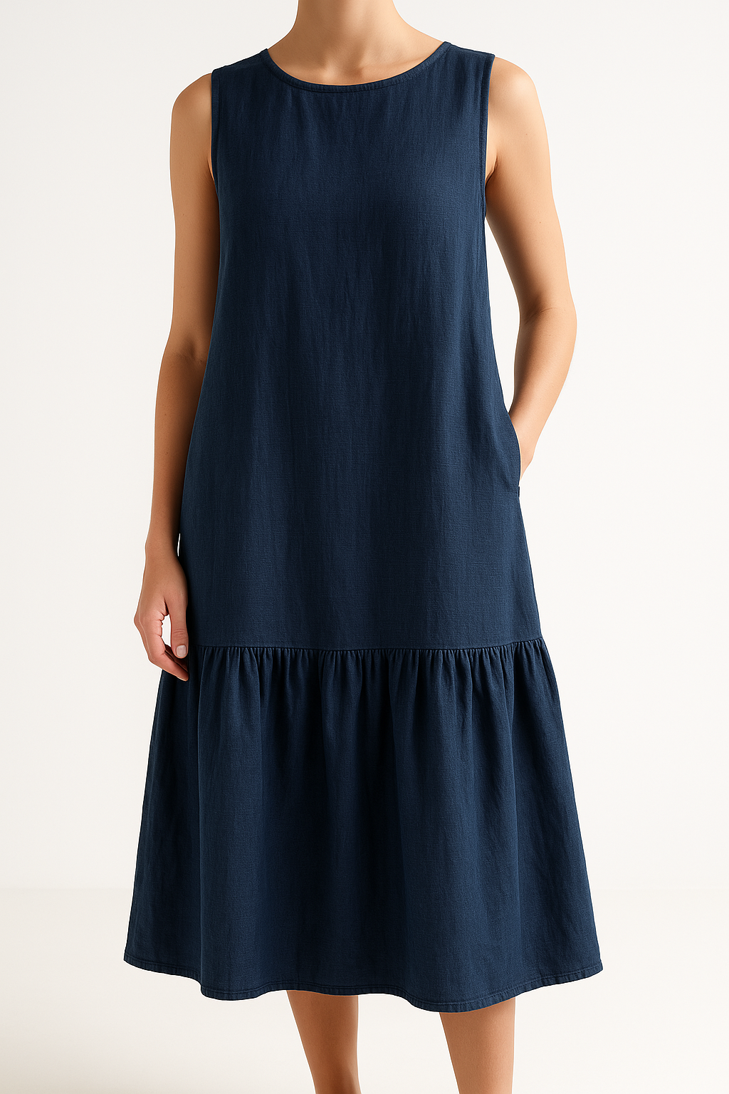 Damklänning midi – Ärmös – Lös passform – Linneblandning – Volangfåll – Vardagsbruk