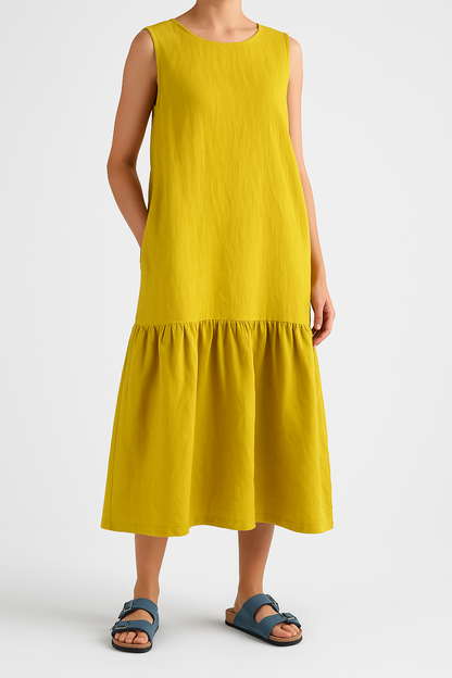 Damklänning midi – Ärmös – Lös passform – Linneblandning – Volangfåll – Vardagsbruk