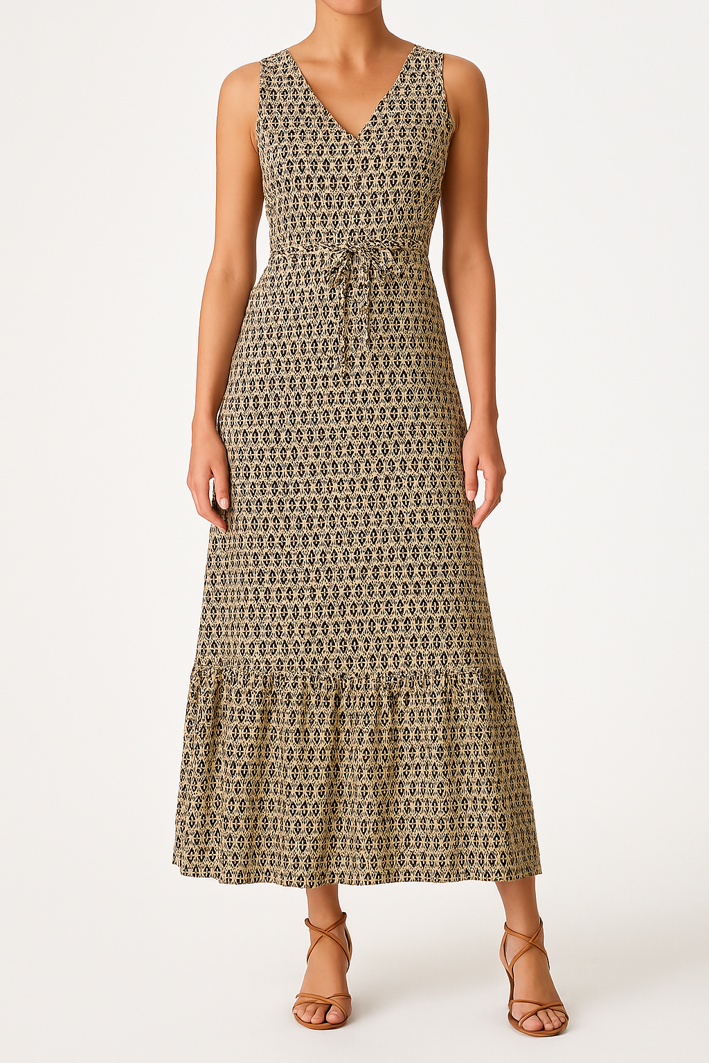 Damklänning midi – ärmlös – bohemiskt mönster – V-ringning – knyt i midjan