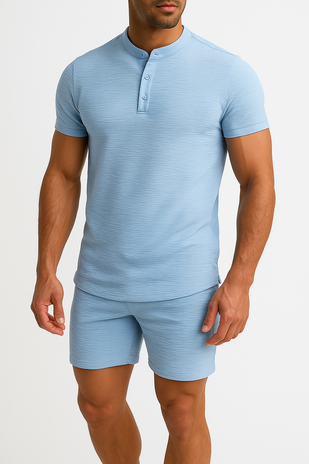 Herrset – Slim Fit Henley T-shirt & Avslappnade Midjebyxor – Bomull Linne Blandning