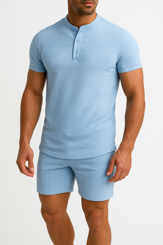 Herrset – Slim Fit Henley T-shirt & Avslappnade Midjebyxor – Bomull Linne Blandning