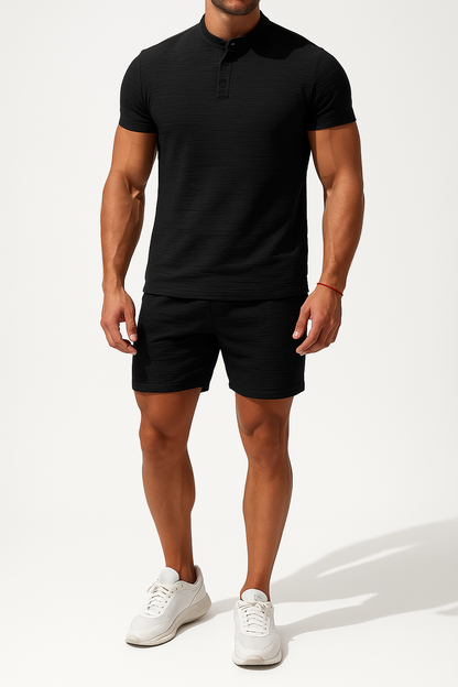 Herrset – Slim Fit Henley T-shirt & Avslappnade Midjebyxor – Bomull Linne Blandning