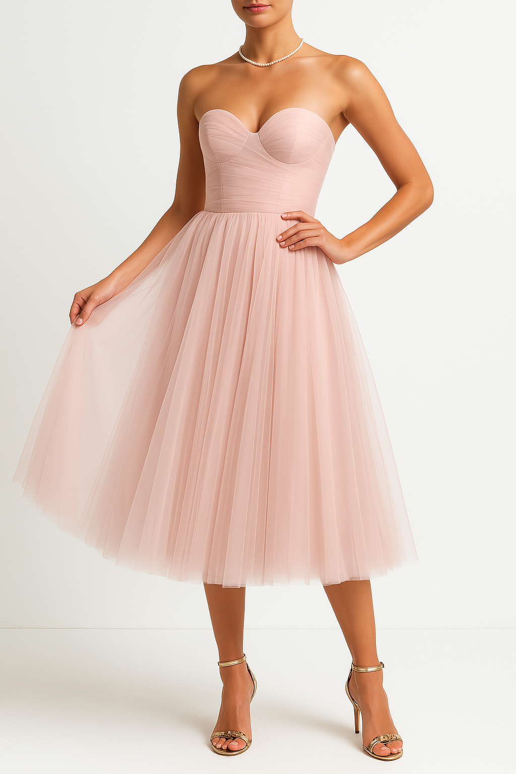 Damklänning – Axelbandslös A-linje – Tyll – Figurnära Liv – Hjärtringning