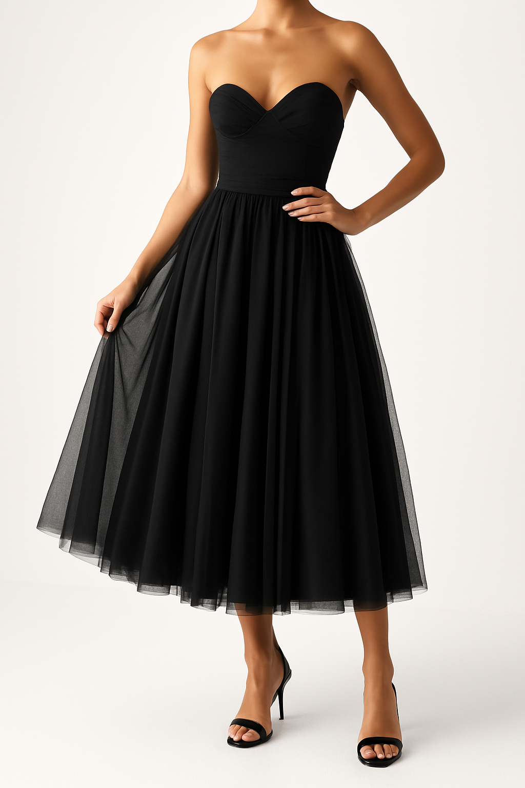 Damklänning – Axelbandslös A-linje – Tyll – Figurnära Liv – Hjärtringning