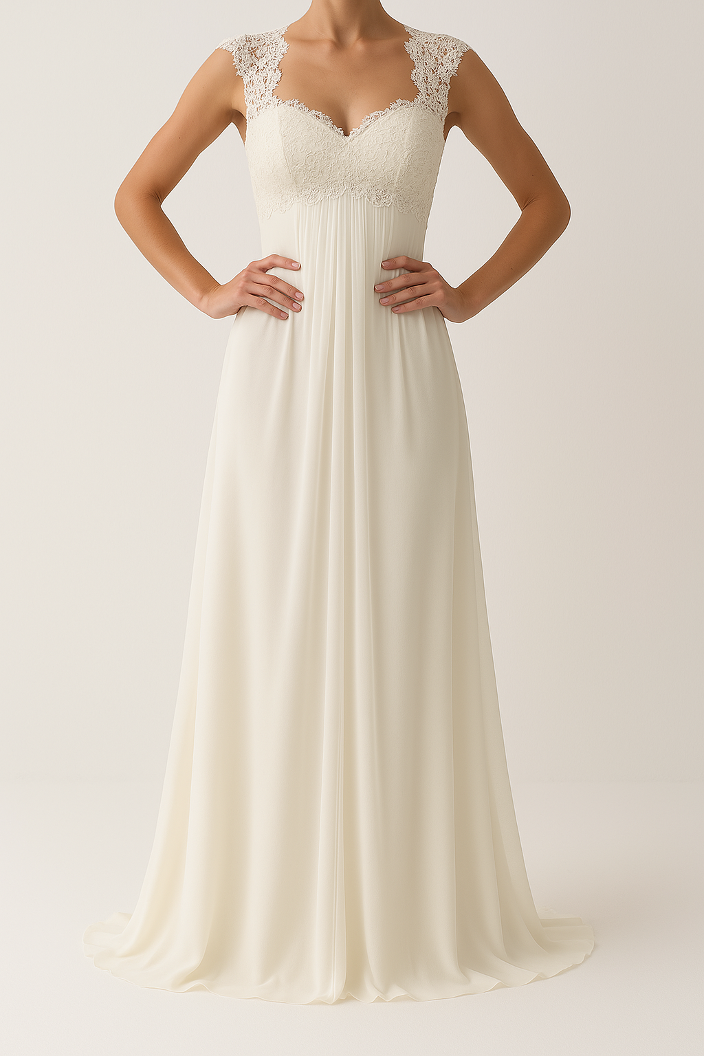 Damklänning – Spetsliv – Empireliv – Lång svepande kjol – Elegant passform