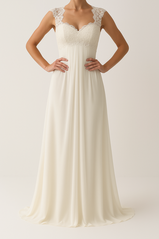 Damklänning – Spetsliv – Empireliv – Lång svepande kjol – Elegant passform