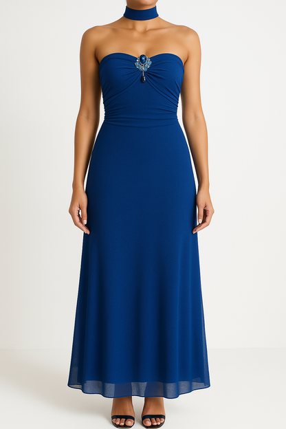 Damklänning – Aftonklänning utan axelband – Slim Fit – Tyll – Hellång – Broderad