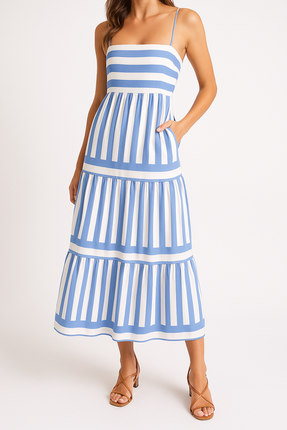 Damklänning – Lätt bomull – A-linjeformad – Midi – Randig med volanger och smala axelband