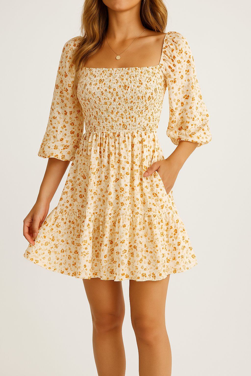 Damklänning – A-linjeformad – Kort ärm – U-ringning – Smockliv – Blommigt mönster