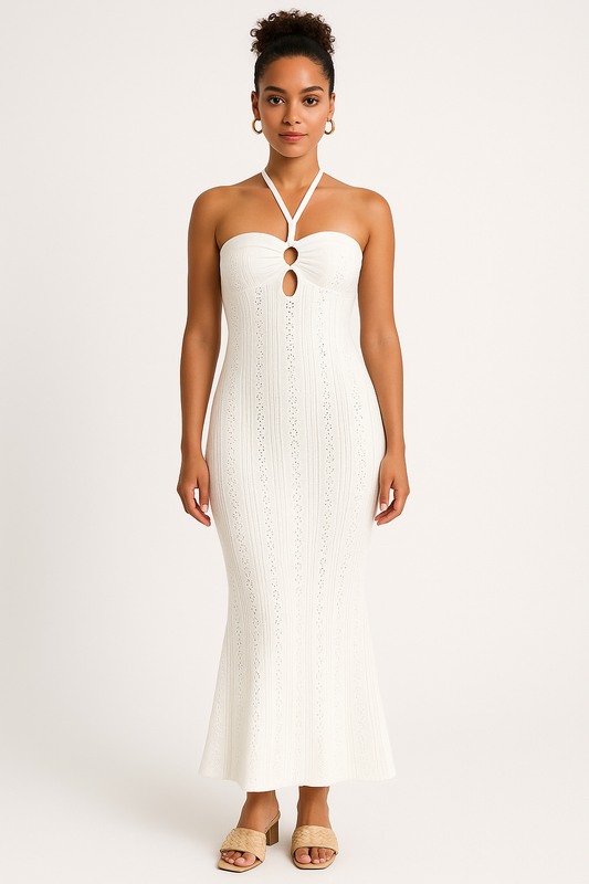 Damklänning – Slim Fit – Halterneck – Virkad Design – Golvlång med Sjöjungfrufåll