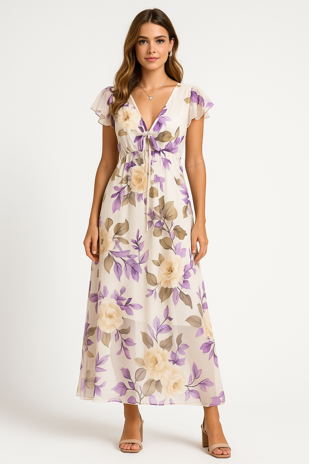 Damklänning – Chiffong – V-ringning – Ryschärm – Blommigt Mönster – Midilängd