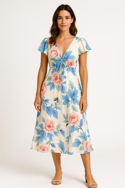 Damklänning – Chiffong – V-ringning – Ryschärm – Blommigt Mönster – Midilängd