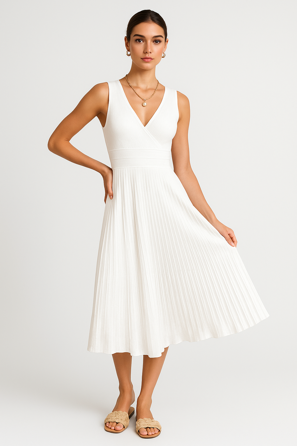 Damklänning midi – figurnära överdel – V-ringning – ärmlös – veckad A-linjeform