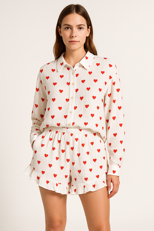 Dam Loungewear Set – Avslappnad Passform – Långärmad Skjorta & Shorts – Hjärtmönster